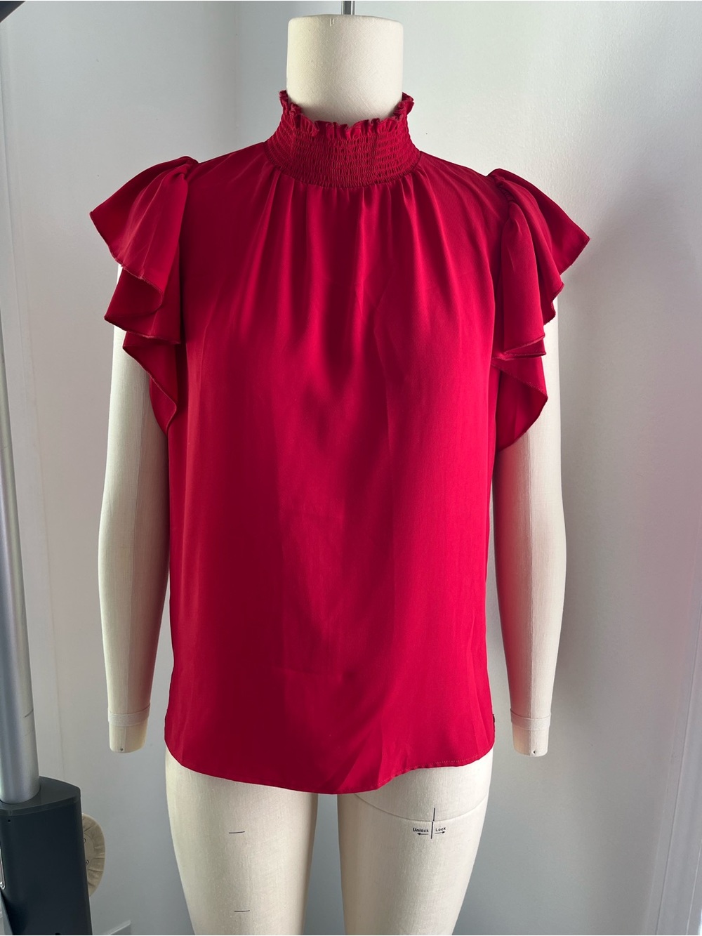 Serra Red Smocked Mock Neck Ruffle Sleeve Blouse